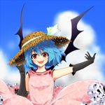  :d adapted_costume adjusting_clothes adjusting_hat armpits bat_wings black_gloves blue_hair blush cloud cloudy_sky commentary_request day dress elbow_gloves fangs gloves hat hat_ribbon ifuji_sakura looking_at_viewer open_mouth outstretched_arm pink_dress red_eyes remilia_scarlet ribbon short_hair skirt skirt_set sky sleeveless smile solo straw_hat sundress touhou upper_body wings 