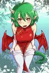  bare_shoulders between_legs breasts brown_eyes china_dress chinese_clothes covered_nipples draco_centauros dragon_girl dragon_horns dragon_tail dragon_wings dress elbow_gloves fang gloves green_hair hijiri horns large_breasts looking_at_viewer open_mouth pantyhose pantyhose_pull pointy_ears puyopuyo red_wings shiny shiny_skin short_hair solo sweatdrop tail undressing water white_gloves white_legwear wings 
