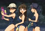  ahoge antenna_hair ass baseball_cap black_hair blue_eyes blush breasts brown_hair competition_school_swimsuit covered_nipples hat large_breasts long_hair low_ponytail low_twintails multiple_girls one-piece_swimsuit open_mouth original ponytail ryoji_(nomura_ryouji) school_swimsuit smile swimsuit tan tanline twintails water_gun wet 