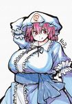  blush breasts dress fat hand_behind_head hat hiro_(h-net) huge_breasts licking_lips long_sleeves mob_cap pink_eyes pink_hair saigyouji_yuyuko sash short_hair smile solo tongue tongue_out touhou triangular_headpiece 