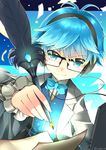  antenna_hair blue_eyes blue_hair bow bowtie fate/extra fate/extra_ccc fate/grand_order fate_(series) feathers glasses hans_christian_andersen_(fate) headphones highres kotobuki_(momoko_factory) male_focus quill smile solo vest 