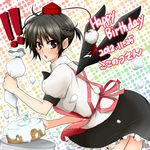  1girl :o alternate_hairstyle apron black_bow black_hair black_neckwear black_skirt black_wings blush bow bowtie breasts cake collared_shirt commentary_request dated food frilled_skirt frills happy_birthday hat icing ifuji_sakura large_breasts leaning_forward looking_at_viewer pink_apron pointy_ears pom_pom_(clothes) ponytail puffy_short_sleeves puffy_sleeves red_eyes shameimaru_aya shirt short_hair short_sleeves skirt solo sweat tokin_hat touhou tsurime white_shirt wings 