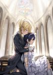  arm_strap ayase_eli black_hair blonde_hair bride church doll_joints dress elbow_gloves gloves groom hair_ribbon highres indoors kamisa long_sleeves love_live! love_live!_school_idol_project multiple_girls pants ponytail ribbon sonoda_umi tailcoat wedding_dress white_dress white_gloves wife_and_wife yuri 