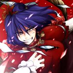  blood blood_on_face breasts clenched_teeth commentary_request grin hair_ornament ifuji_sakura injury japanese_clothes large_breasts leaf_hair_ornament long_sleeves mirror purple_hair red_eyes rope shimenawa short_hair smile solo teeth touhou tsurime upper_body yasaka_kanako 