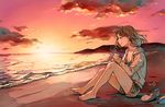  akagi_shun barefoot beach breasts brown_eyes brown_hair cleavage closed_mouth cloud cup from_side hill holding hood hoodie long_hair long_sleeves medium_breasts mug original outdoors profile shoes_removed shorts signature sitting smile solo steam sunset water wind 