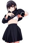  armpits black_eyes black_hair blush bra breasts cowboy_shot eyebrows_visible_through_hair highres matsunaga_kouyou medium_breasts original pleated_skirt school_uniform serafuku shirt_lift short_hair simple_background skirt solo underwear undressing white_background 