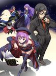  4girls black_hair blue_eyes blue_hair book braid caster cigar detached_sleeves elizabeth_bathory_(fate) elizabeth_bathory_(fate)_(all) elizabeth_bathory_(halloween)_(fate) fate/extra fate/grand_order fate/stay_night fate/zero fate_(series) glasses hand_in_pocket hat helena_blavatsky_(fate/grand_order) knife long_hair lord_el-melloi_ii multiple_girls older purple_eyes purple_hair robe rulebreaker short_hair side_braid smile tamamo_(fate)_(all) tamamo_no_mae_(fate) thighhighs trait_connection tsuyadashi_shuuji waver_velvet witch_hat 