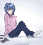  ahoge androgynous blue_eyes blue_hair cardfight!!_vanguard full_body highres looking_at_viewer male_focus maruchi pants ribbed_sweater sendou_aichi sitting smile solo sweater 