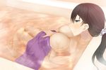  areolae bath bathroom bathtub black_hair blue_eyes blush breasts eyebrows eyebrows_visible_through_hair feet highres indoors kurasaki_aya large_breasts legs long_hair looking_down lying mole nipples nude original osananajimi_na_fuyuka-chan_wa_motto_shounen_ni_kamatte_hoshii_you_desu partially_submerged ponytail raised_eyebrows sad steam tears thighs toes towel water wet 