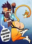  anus ass ass_cutout banana brown_hair goggles heart looking_back monkey_tail my_pet_tentacle_monster overwatch peanut_butter pussy solo tail tracer_(overwatch) 