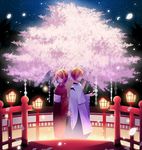  1girl arm_at_side back-to-back bangs blonde_hair cherry_blossoms closed_eyes commentary_request holding_hand horns japanese_clothes kagamine_len kagamine_rin kariginu kimono kuroi_(liar-player) lantern long_sleeves looking_at_viewer night night_sky ofuda oni open_hand outdoors outstretched_hand petals ponytail profile red_eyes red_kimono ribbon-trimmed_sleeves ribbon_trim shide short_hair sky smile standing star_(sky) swept_bangs tree vocaloid wide_sleeves 