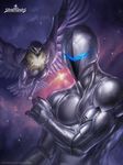  armor bird cyborg damaged faceplate galaxy hawk helmet highres josh_burns logo looking_at_viewer mask milky_way muscle pet quicksilver_(silverhawks) realistic science_fiction silverhawks space star_(sky) tally_hawk visor watermark 