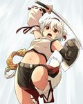  animal_ears bare_shoulders crop_top detached_sleeves geta hat highres inubashiri_momiji midriff navel pelvic_curtain pom_pom_(clothes) red_eyes shield short_hair silver_hair solo sword tail tokin_hat touhou weapon white_hair wolf_ears wolf_tail yudepii 