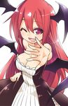  alternate_costume bare_shoulders breasts cleavage demon_wings dress fang head_wings koakuma large_breasts long_hair one_eye_closed red_eyes red_hair solo strapless strapless_dress toto_nemigi touhou wings 