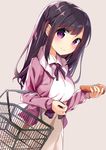  blouse blush breasts brown_hair carrot chikuwa. dress holding holding_vegetable large_breasts long_hair looking_at_viewer neck_ribbon original ribbon shopping_basket simple_background skirt smile solo 