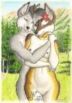  2019 anthro biped breasts canid canine canis claws duo female fur graphite_(artwork) grey_fur hair humanoid_hands lyra_moreau male mammal multicolored_fur nipples nude open_mouth outside pencil_(artwork) pussy smile standing syntech tattoo tongue traditional_media_(artwork) weylan_carter white_fur wolf 