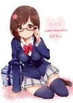  :3 adjusting_eyewear bag blazer brown_hair character_name dated flower glasses hair_flower hair_ornament happy_birthday highres idolmaster idolmaster_cinderella_girls jacket maekawa_miku mobuko_(akita_komachi) red-framed_eyewear school_bag school_uniform sitting solo thighhighs 