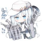  anchor black_legwear blue_eyes blush cannon character_name chibi flat_cap full_body hammer_and_sickle hat hibiki_(kantai_collection) kantai_collection kotatu_(akaki01aoki00) looking_at_viewer machinery school_uniform serafuku simple_background solo standing star thighhighs translated turret verniy_(kantai_collection) white_background white_hair white_hat zettai_ryouiki 