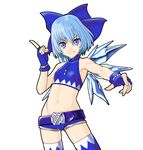  adapted_costume adapted_object bare_arms bare_shoulders belt blue_eyes blue_gloves blue_hair blue_legwear bow cirno cowboy_shot crop_top fingerless_gloves gloves hair_bow ice ice_wings looking_at_viewer midriff navel raybar shorts solo thighhighs thighs touhou wings 