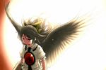  arm_cannon backlighting bird_wings black_eyes black_hair black_wings bow explosion hair_bow jitome long_hair puffy_short_sleeves puffy_sleeves reiuji_utsuho shirt short_sleeves solo third_eye touhou upper_body weapon wings yudepii 