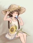  amayadori_machi bad_id bad_pixiv_id beige_background brown_hair canc_(carinacan) dress eating flower food hair_ornament hat highres hot kumamiko long_hair open_mouth orange_eyes popsicle sitting solo star star_hair_ornament straw_hat sundress sunflower twintails 