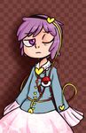  absurdres checkered checkered_background collar dungeon_toaster eyeball frilled frills hair_ornament hairband heart heart_hair_ornament highres komeiji_satori long_sleeves looking_at_viewer md5_mismatch one_eye_closed purple_eyes purple_hair sleeves_past_wrists solo touhou upper_body 