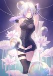  arm_behind_head armor armored_dress armpits arms_up black_legwear black_panties bubble closed_eyes dress dripping eyelashes fate/grand_order fate_(series) flower gloves hair_over_one_eye hand_on_own_head highres jh leaf light_particles lotus mash_kyrielight panties purple_background purple_gloves purple_hair short_dress short_hair smile solo standing string thigh_gap thigh_strap thighhighs turtleneck underwear wading water waterfall 