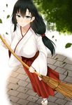  black_hair blue_eyes blush breasts broom eyebrows eyebrows_visible_through_hair feet full_body highres holding japanese_clothes kurasaki_aya large_breasts leaf long_hair long_sleeves looking_away miko mole original osananajimi_na_fuyuka-chan_wa_motto_shounen_ni_kamatte_hoshii_you_desu outdoors sandals smile socks solo standing sweeping wide_sleeves wind 