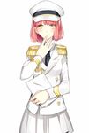  aiguillette black_neckwear double-breasted epaulettes formal hand_on_own_chin hat holding holding_paper military military_hat military_uniform nanami_haruka necktie paper pink_hair pleated_skirt prin_dog skirt skirt_suit smile solo suit uniform uta_no_prince-sama white_suit yellow_eyes 