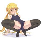  arm_support ass black_legwear blonde_hair cameltoe kantai_collection leaning_back long_hair one-piece_swimsuit open_mouth satsuki_(kantai_collection) school_swimsuit smile solo spread_legs squatting swimsuit thighhighs thighs tomineko_(tomineko_p) twintails very_long_hair yellow_eyes 