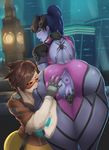  anus ass ass_grab bite blue_hair blue_skin bodysuit brown_hair crotch_cutout donaught fingering from_behind gloves goggles jacket looking_back multiple_girls overwatch ponytail pussy pussy_juice short_hair tongue_out torn_clothes tracer_(overwatch) uncensored widowmaker_(overwatch) yellow_eyes yuri 