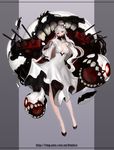  absurdres albino bare_shoulders collarbone dress frostce full_body highres kantai_collection lips long_hair looking_at_viewer midway_hime red_eyes shinkaisei-kan solo teeth turret white_dress white_hair 