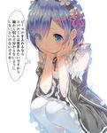  :&gt; blue_eyes blue_hair chin_rest frills hair_ornament hands_on_own_face maid maid_headdress re:zero_kara_hajimeru_isekai_seikatsu rem_(re:zero) shiny shiny_hair short_hair simple_background solo squatting tareme thighhighs thinking thought_bubble translation_request white_background white_legwear x_hair_ornament yasuyuki 