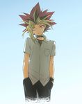  black_legwear blonde_hair collar hands_in_pockets head_tilt highres looking_at_viewer male_focus maruchi multicolored_hair parted_lips purple_eyes purple_hair smile solo spiked_hair yami_yuugi yuu-gi-ou yuu-gi-ou_duel_monsters 