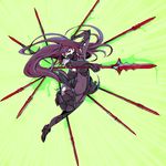  arm_up bodysuit breasts covered_navel covering_mouth fate/grand_order fate_(series) foreshortening full_body gae_bolg green_background head_tilt highres holding holding_weapon long_hair looking_at_viewer mask outstretched_arm parted_lips purple_hair red_eyes scathach_(fate/grand_order) shoulder_pads simple_background skin_tight solo utu_(ldnsft) very_long_hair weapon 