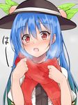  blue_hair blush breath face food fruit grey_background hat hat_ribbon hinanawi_tenshi long_hair looking_at_viewer open_mouth peach portrait puffy_sleeves red_eyes red_scarf ribbon scarf short_sleeves simple_background solo text_focus touhou yuhito_(ablbex) 