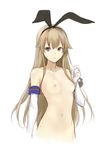  blonde_hair breasts collarbone elbow_gloves gloves hairband kantai_collection long_hair looking_at_viewer navel nipples ribbon shimakaze_(kantai_collection) shiny shiny_skin small small_breasts solo stomach topless yellow_eyes zucchini 