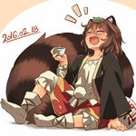  2016 animal_ears bloomers bottle brown_hair closed_eyes dated fang full_body futatsuiwa_mamizou japanese_clothes laughing leaf leaf_on_head long_sleeves open_mouth raccoon_ears raccoon_tail sake_bottle sitting skirt solo tail touhou underwear wavy_hair yudepii 