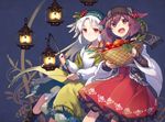  :d apple asahikawa_hiyori basket blue_background brown_eyes brown_hair dress food fruit lantern long_hair multiple_girls open_mouth original red_dress red_eyes short_hair smile white_hair 