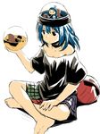  alien b-daman_bakugaiden bare_shoulders barefoot blue_bomberman blue_hair bomberman breasts cleavage hat hecatia_lapislazuli highres indian_style miniskirt off_shoulder shirt short_sleeves sitting skirt small_breasts t-shirt touhou ufo yudepii 