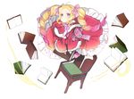  beatrice_(re:zero) blonde_hair blue_eyes blush book bow capelet chair closed_mouth crown dress drill_hair floating floating_book floating_object frills full_body fur_trim gradient_hair hair_ribbon highres km_(kyoma0) levitation long_hair long_sleeves looking_at_viewer magic mini_crown multicolored_hair open_book pantyhose pink_hair pink_ribbon pom_pom_(clothes) re:zero_kara_hajimeru_isekai_seikatsu ribbon sidelocks solo striped striped_legwear striped_ribbon symbol-shaped_pupils twin_drills twintails twitter_username two-tone_hair white_background wide_sleeves 