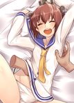  bangs brown_hair commentary_request dress kantai_collection sailor_dress school_uniform serafuku short_hair smile solo_focus tears tickling yasu_(yossy) yukikaze_(kantai_collection) 