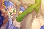  1girl :d blue_hair blush boy_on_top breast_grab breasts breasts_outside censored city_forest_online flower_knight_girl game_cg glasses grabbing green_legwear hetero kneehighs large_breasts leg_lock mimoza_(flower_knight_girl) missionary mosaic_censoring nipples official_art open_clothes open_mouth open_shirt orange_shirt penis purple_eyes sex shirt short_hair smile sweat sweater vaginal white_shirt yellow-framed_eyewear 