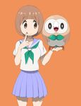  :q bad_id bad_twitter_id bird blue_skirt bob_cut breasts brown_eyes brown_hair cowboy_shot crossover gen_7_pokemon kill_la_kill mankanshoku_mako medium_breasts o-nashi_neko open_mouth owl pleated_skirt pokemon pokemon_(creature) pokemon_(game) pokemon_sm rowlet school_uniform serafuku short_hair simple_background skirt smile tongue tongue_out 