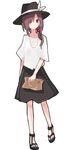  adapted_costume alternate_costume bag black_footwear black_skirt blush bow breasts brown_hair expressionless eyes_visible_through_hair full_body hair_bow hair_over_one_eye handbag hat hat_bow high_heels jewelry legs looking_at_viewer necklace outline ribbon-trimmed_skirt ribbon_trim shiroshi_(denpa_eshidan) shirt shoes short_hair simple_background skirt small_breasts solo toes touhou usami_renko white_background white_bow white_shirt 