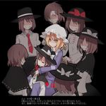  armband black_background black_skirt blonde_hair bow brown_hair capelet chair closed_eyes collared_shirt dress evil_grin evil_smile faceless fedora grin hand_on_another's_face hat hat_bow holding long_sleeves maribel_hearn mob_cap multiple_girls multiple_persona necktie no_hat no_headwear outline purple_dress red_bow red_neckwear red_pupils ribbon-trimmed_clothes ribbon_trim shaded_face shiroshi_(denpa_eshidan) shirt short_hair simple_background skirt smile surrounded tie_clip touching touhou translation_request usami_renko white_shirt yellow_eyes 
