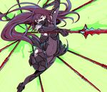  arm_up bodysuit breasts covered_navel covering_mouth face_mask fate/grand_order fate_(series) foreshortening gae_bolg green_background head_tilt holding holding_weapon long_hair looking_at_viewer mask medium_breasts outstretched_arm parted_lips purple_bodysuit purple_hair red_eyes scathach_(fate)_(all) scathach_(fate/grand_order) shoulder_pads simple_background skin_tight solo utu_(ldnsft) very_long_hair weapon 