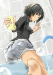  amagami ass barefoot bathroom black_hair brown_eyes bubble cleaning from_behind holding jewelry kneeling looking_at_viewer looking_back murasaki_iro nanasaki_ai ring short_hair shorts soap_bubbles solo sponge 