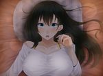  bare_shoulders bed black_hair blue_eyes blush breasts collarbone eyebrows eyebrows_visible_through_hair highres indoors kurasaki_aya large_breasts long_hair long_sleeves looking_at_viewer lying mole on_bed original osananajimi_na_fuyuka-chan_wa_motto_shounen_ni_kamatte_hoshii_you_desu parted_lips pillow pov raised_eyebrows solo upper_body 