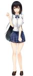  bare_legs black_hair blush bow breasts clenched_hands collared_shirt eyebrows eyebrows_visible_through_hair feet full_body highres kurasaki_aya large_breasts legs long_hair looking_at_viewer original parted_lips plaid plaid_skirt purple_eyes school_uniform shoes short_sleeves simple_background skirt smile solo standing thighs white_background 